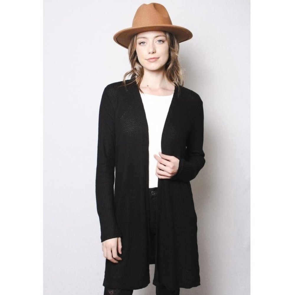 Black Long Sleeve Waffle Cardigan